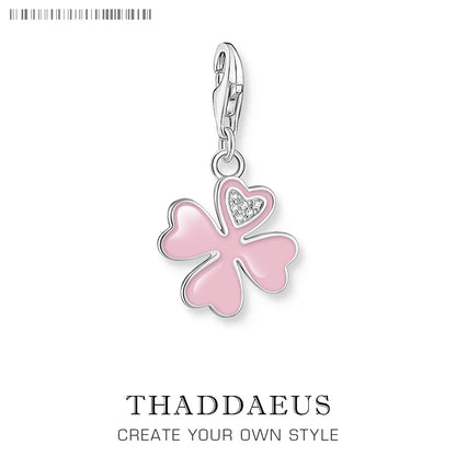 Damen-Charm-Anhänger rosa Kleeblatt weißer Stein Glück aus Sterlingsilber