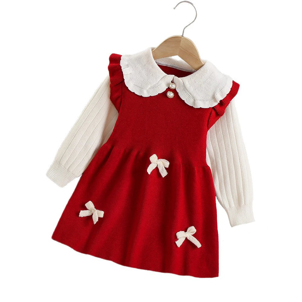Mädchen Herbst-Strickkleid mit süßer Schleife im Farbblock-Design