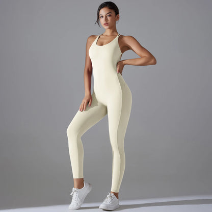 Damen-Yoga-Bodysuit mit Push-up, ärmellos, rückenfrei, langes Bein, helles Ivory