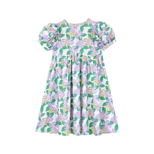 Kurzes Mädchen-Kleid mit Puffärmeln und Cheongsam-Design, Patchwork aus Gaze in Lila-Blau, mit Perlenknöpfen – für Kinder von 3 bis 12 Jahren.