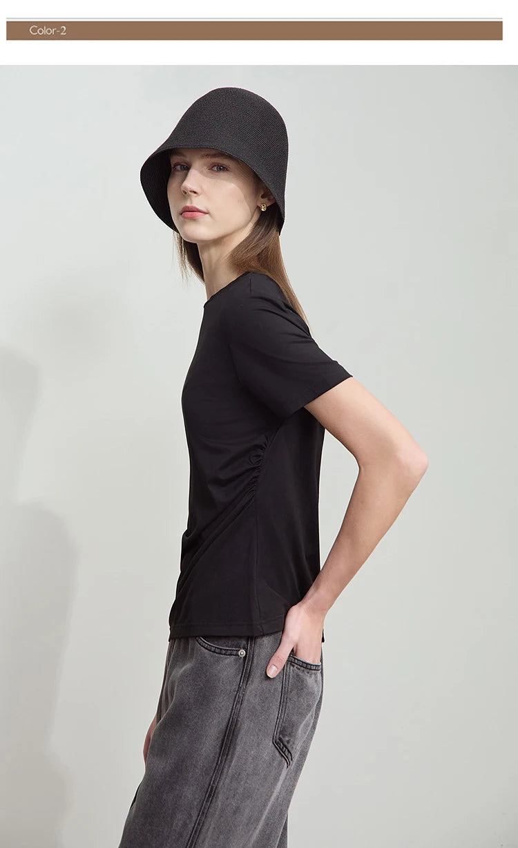 Damen T-Shirt mit Rundhalsausschnitt und gebrochenen Falten aus Modal-Baumwolle