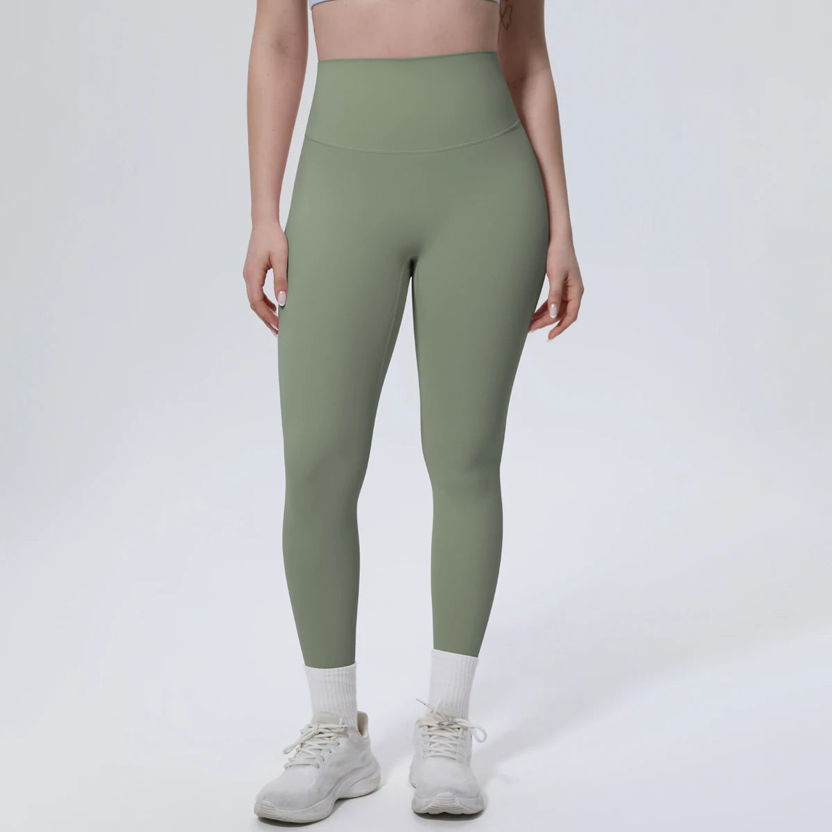 High-Waist-Yogaleggings helloliv, Vorderansicht, figurbetont mit breitem Bund