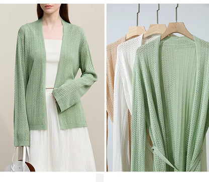 Damen-Strickjacke Lyocell V-Ausschnitt Glockenärmel Gürtel locker Frühling