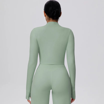 Damen-Sportjacke, kurz geschnitten, Reißverschluss, Stehkragen, langarm in Salbeigrün