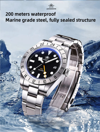 Herren GMT Luxus-Quarzuhr 200m Edelstahl BGW9 Super Leuchtzeiger