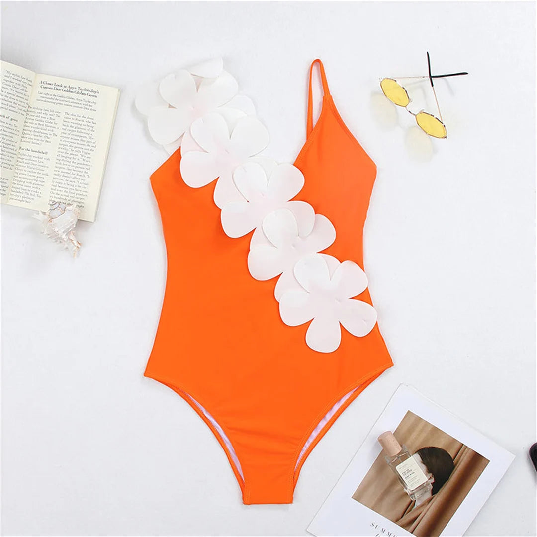 Damen Badeanzug Sarong 3D-Blumen tiefer V-Ausschnitt hoher Beinausschnitt