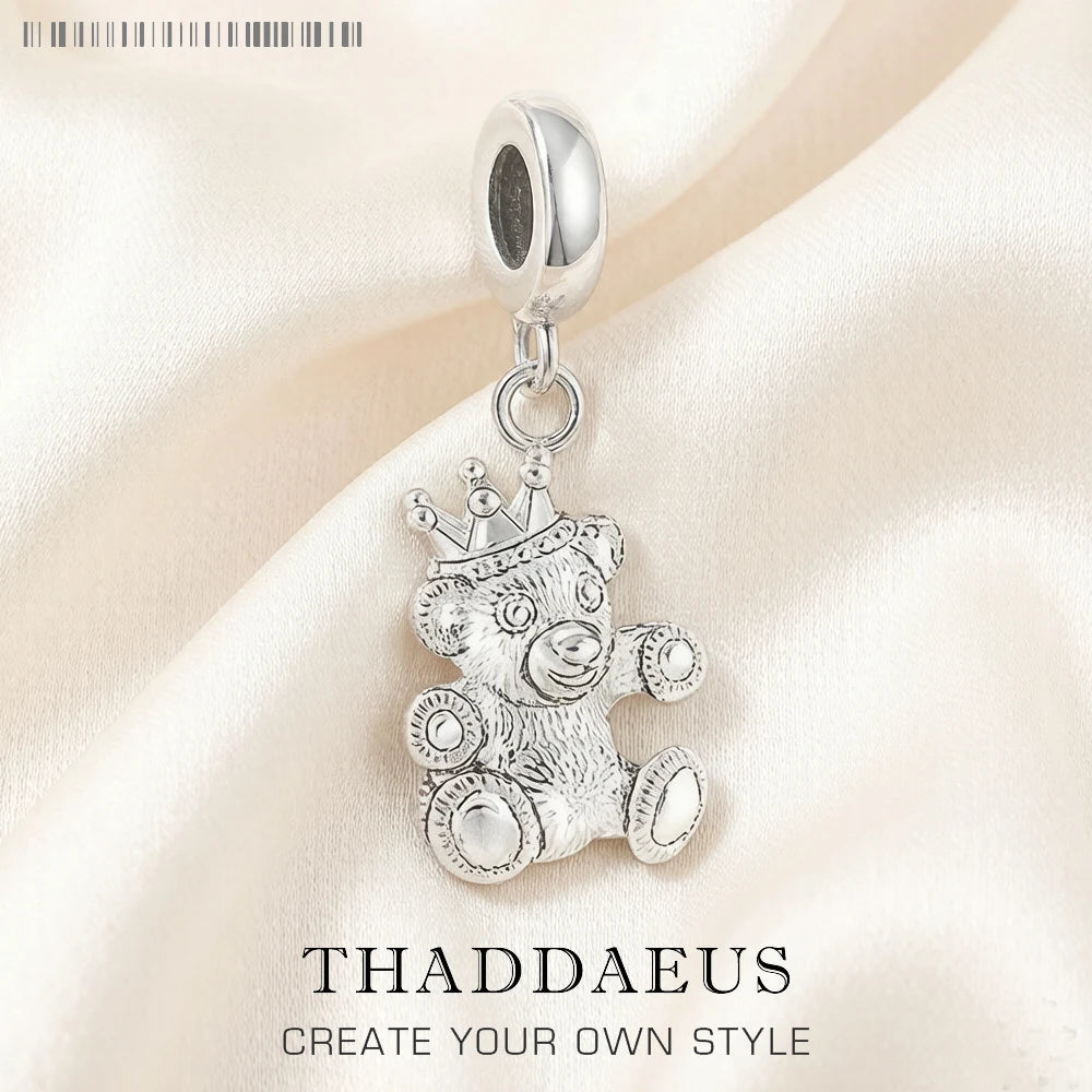 Silberfarbener 925 Sterling-Silber Teddy-Bär mit Krone Anhänger an Öse