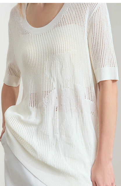 AMII weißer Strickpullover mit U-Ausschnitt und Lochstruktur am Oberteil