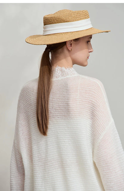 Damen V-Ausschnitt Pullover Mohair Spitze locker mittellang Frühling