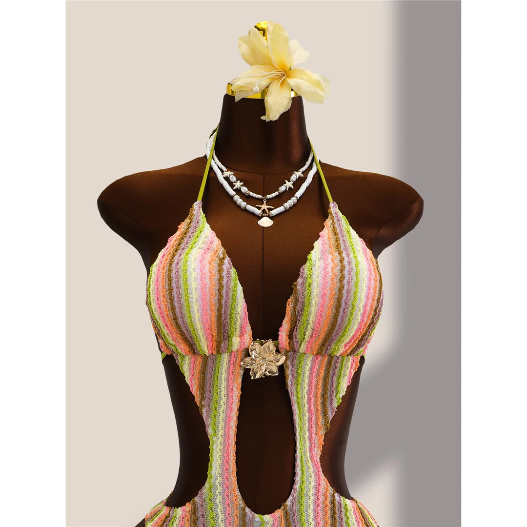 Damen Badeanzug gestreift bunt Neckholder Cut-Out hoher Beinausschnitt Monokini