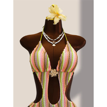 Damen Badeanzug gestreift bunt Neckholder Cut-Out hoher Beinausschnitt Monokini