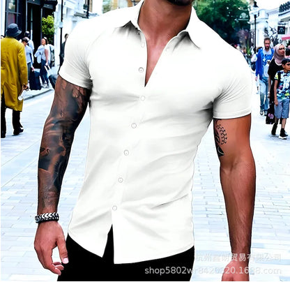 Lässiges Herren-Cardigan-Hemd mit kurzen Ärmeln und Reverskragen in Unifarbe – ideal für den Sommer.