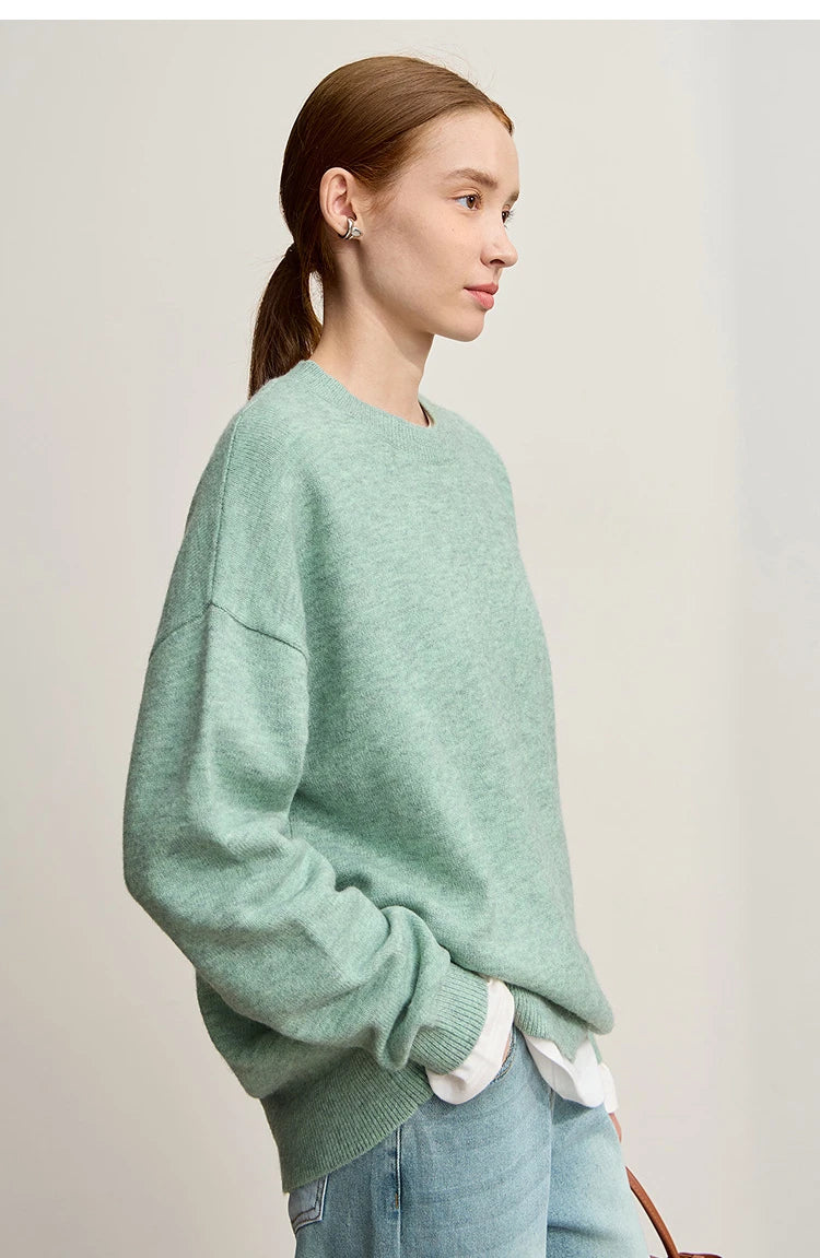 Minimalistischer Damen-Strickpullover, hellgrün, O-Ausschnitt, langarm, locker