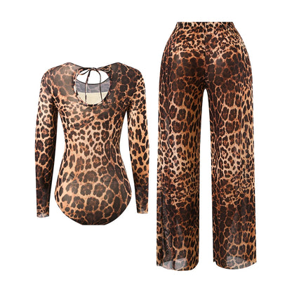 Damen Badeanzug Langarm Leopardenmuster mit Hose Einteiler gepolstert