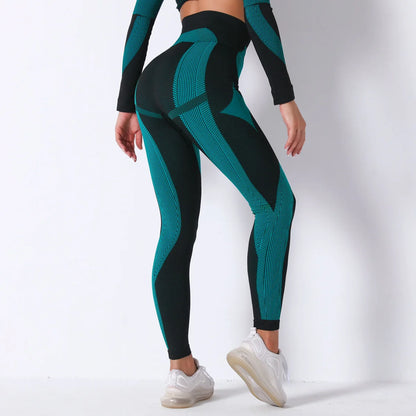 Hamidou nahtlose Yoga-Leggings, schwarz mit petrolblauen Musterstreifen