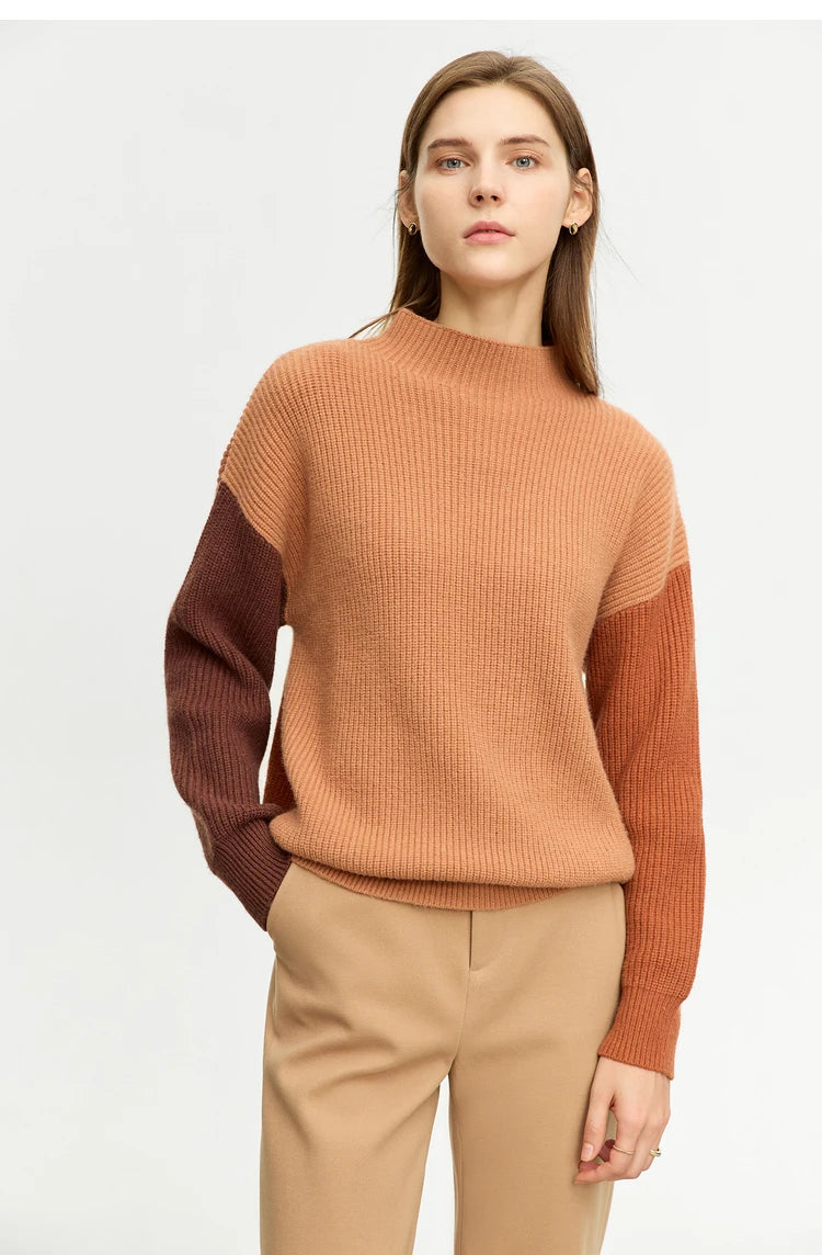 Braun-orangefarbener Strickpullover mit Rundhalsausschnitt und langen Ärmeln, gerippte Abschlüsse