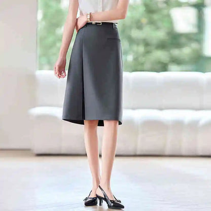 Damen Rock in Grau mit hohen Taille und Falten im Büro-Stil