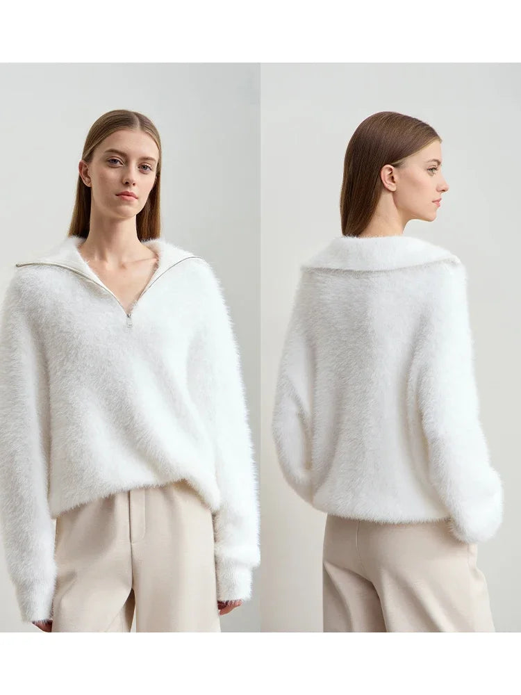 Damen-Rollkragenpullover Nerz-Imitat Reißverschluss locker dick Winter