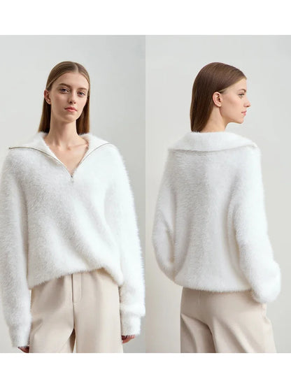 Damen-Rollkragenpullover Nerz-Imitat Reißverschluss locker dick Winter
