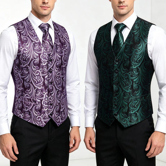 Herrenwesten-Set mit Jacquard-Ornament, lila und grün, mit Krawattenmotiv