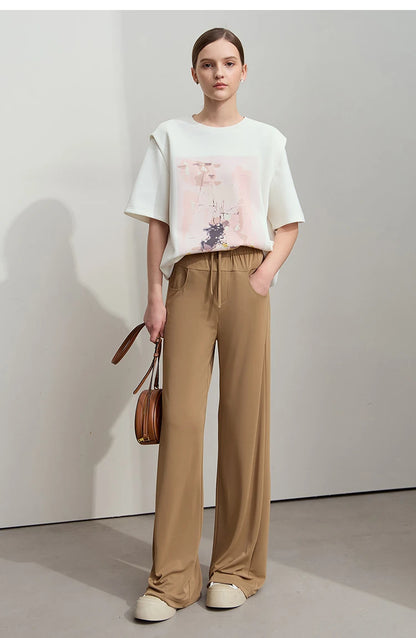 Damen T-Shirt im minimalistischen Stil mit lässigem O-Ausschnitt und Kunstdruck