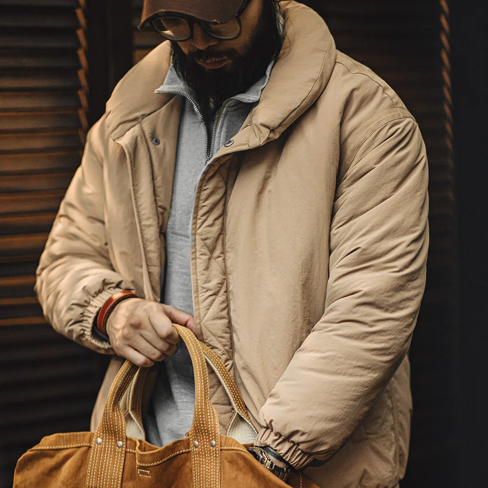 Herren Mantel Retro Khaki Stehkragen gefütterte Puffjacke mit Reißverschluss