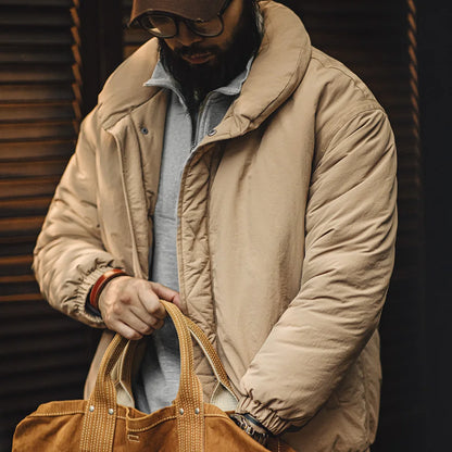 Herren Mantel Retro Khaki Stehkragen gefütterte Puffjacke mit Reißverschluss
