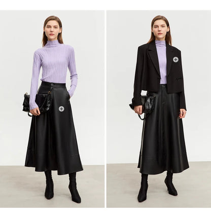 Damen-Wollpullover mit Stehkragen, lila Zopfstrick, langärmlig