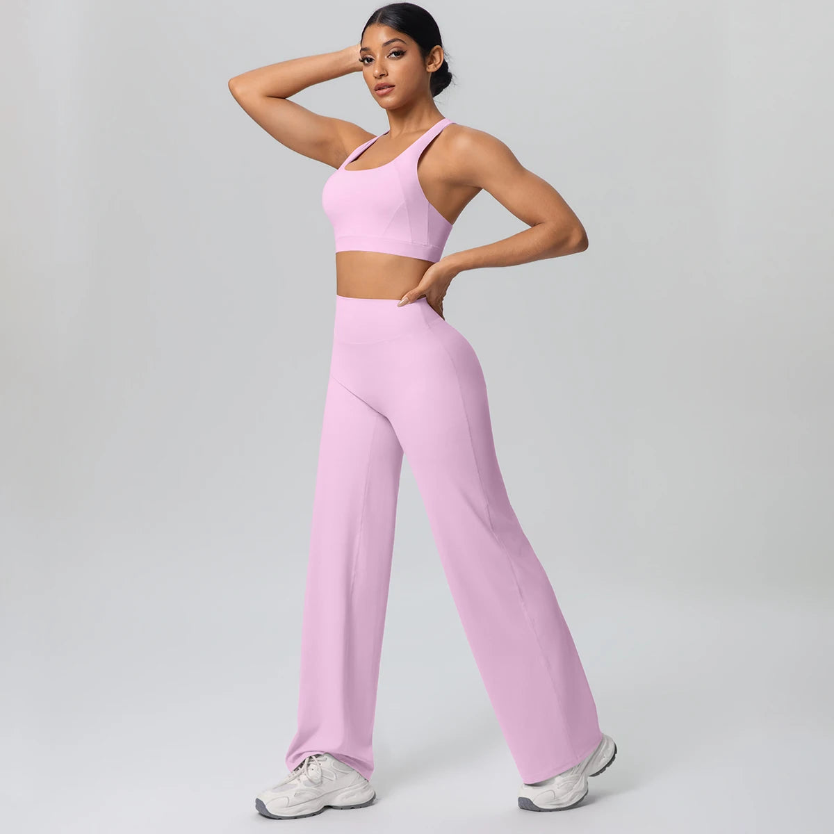 Athletik-Yoga-Set mit Brustpads in Lila: geripptes Top, weite Yoga-Hose