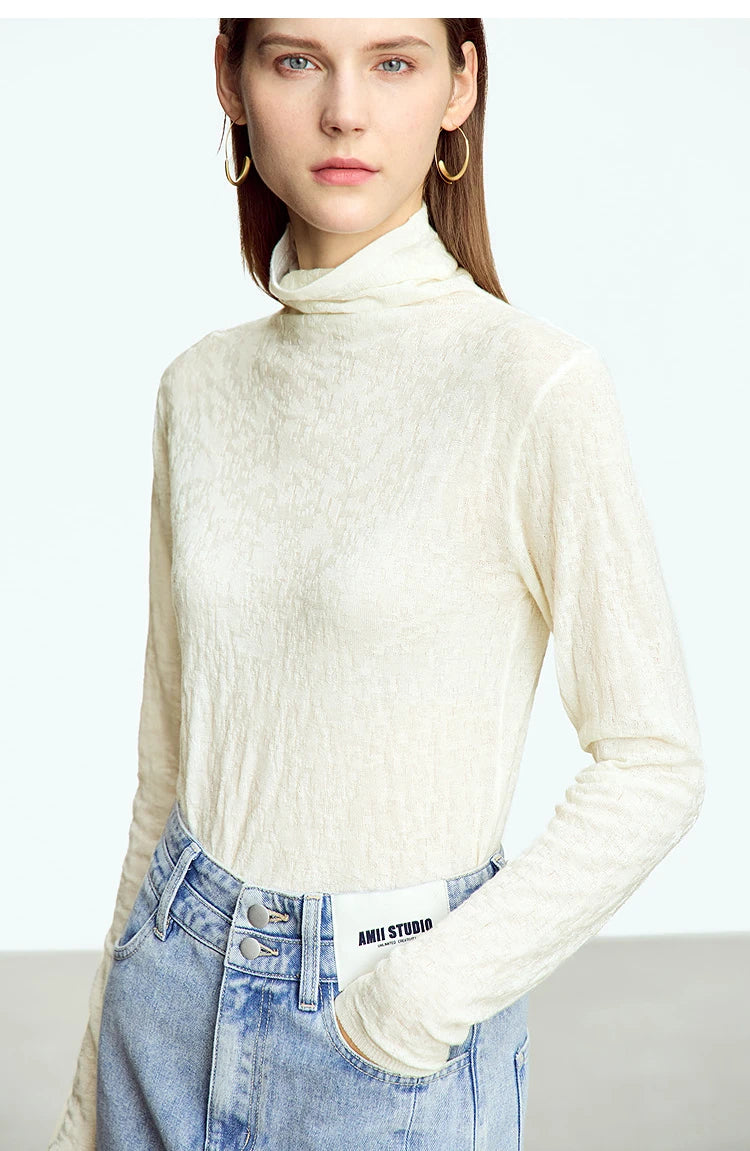 Damen-Rollkragenpullover Wolle-Mix schlank dünn Winter