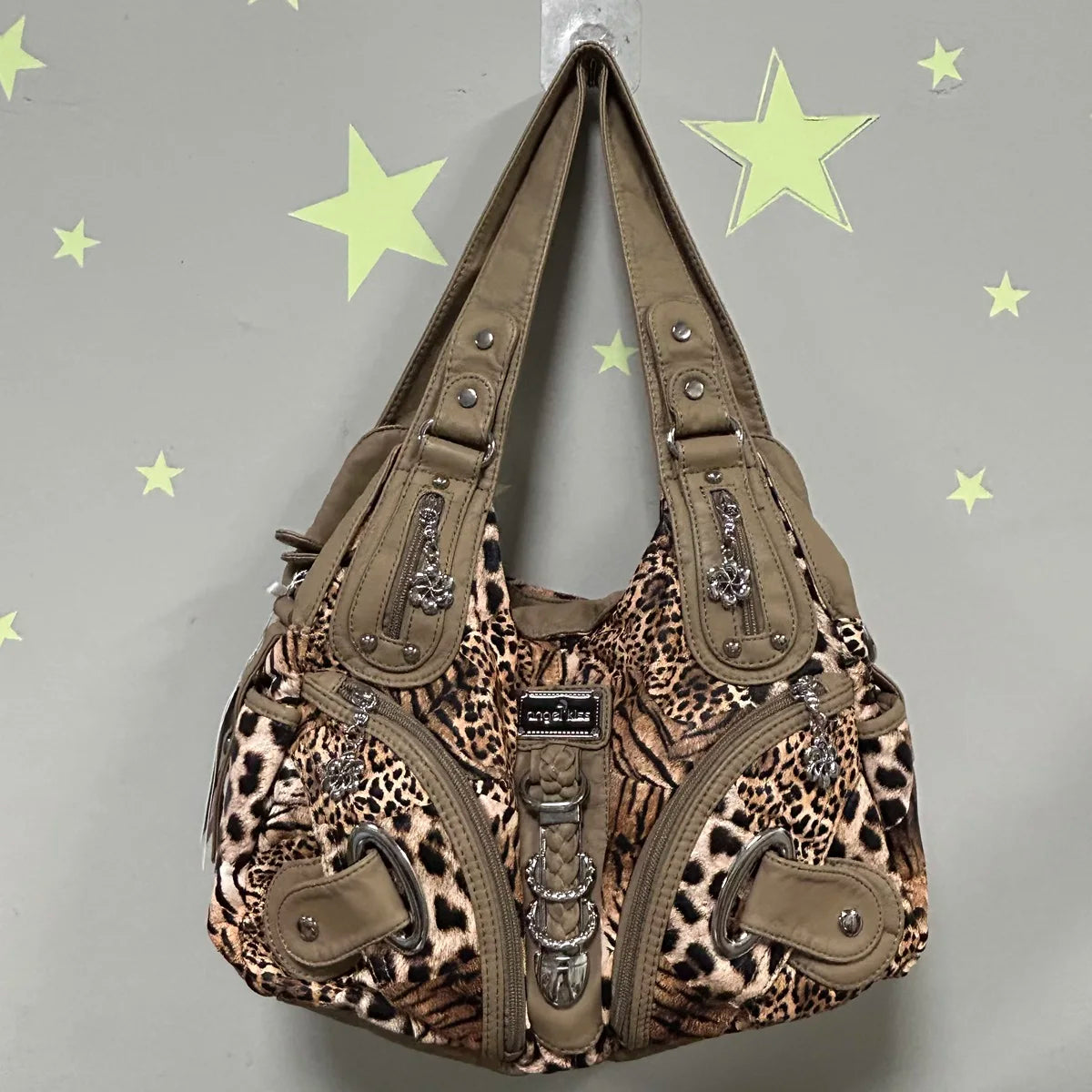 Damen-Schultertasche Leopardenmuster Vintage Stil Mit Top-Handle Griff Und Innenfach Für Smartphone
