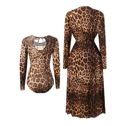 Damen Badeanzug Langarm Leopard Cover-Up gepolstert Einteiler