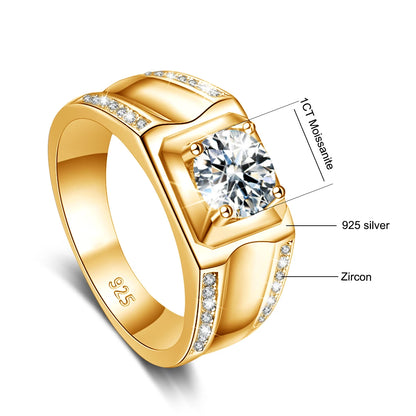 Herren-Moissanit-Ring mit 18K-Gelbgold-Plattierung aus Sterlingsilber Modernes Design