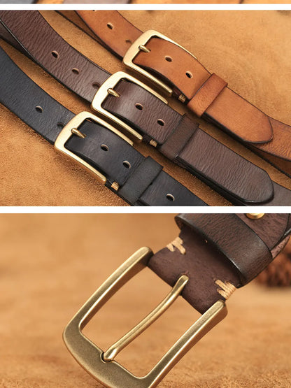 Herren Echtleder-Gürtel Vintage Kupferschnalle Handgemacht Rindsleder Jeans 3,8 cm