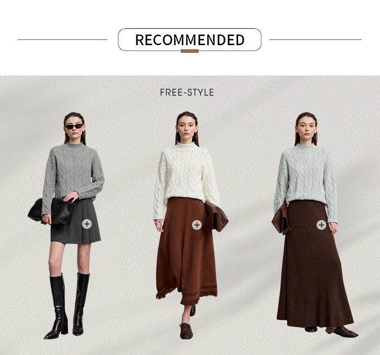 Damenpullover mit Stehkragen in Grau und Weiß, Modellfotos mit Rock im Outfit