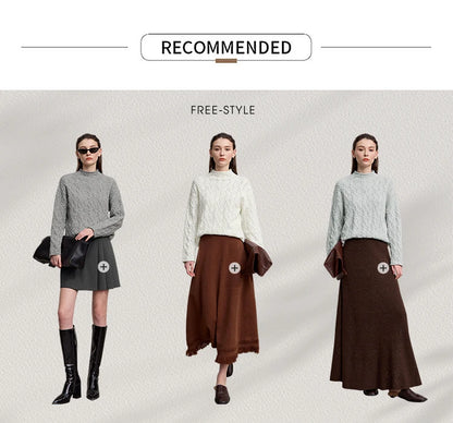 Damenpullover mit Stehkragen in Grau und Weiß, Modellfotos mit Rock im Outfit