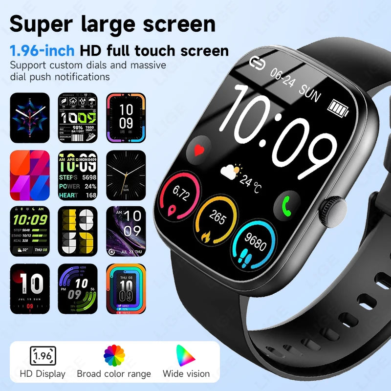 LIGE AI Sprachassistent Smart Watch für Männer Frauen 1,96" HD Touchscreen Fitness Tracker Drahtloser Anruf IP68 Wasserdichte Smartwatch