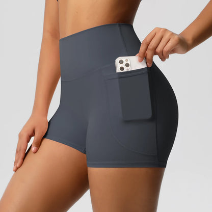 Yoga-Shorts für Damen, hoher Bund, mit Handy-Tasche, dunkelblau-grau