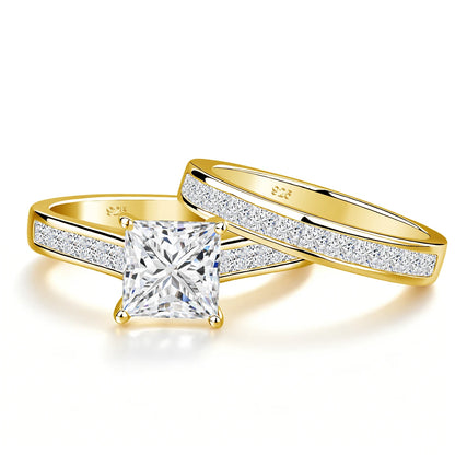 Damen-Verlobungsringe-Set aus Moissanit in 925 Sterlingsilber mit Echtheitszertifikat und quadratischem Schliff