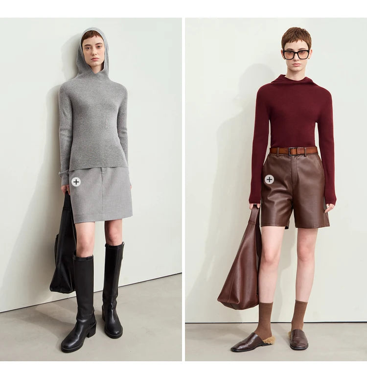 Damen-Kapuzenpullover Wolle-Polyester nahtlos gerade einfarbig Herbst