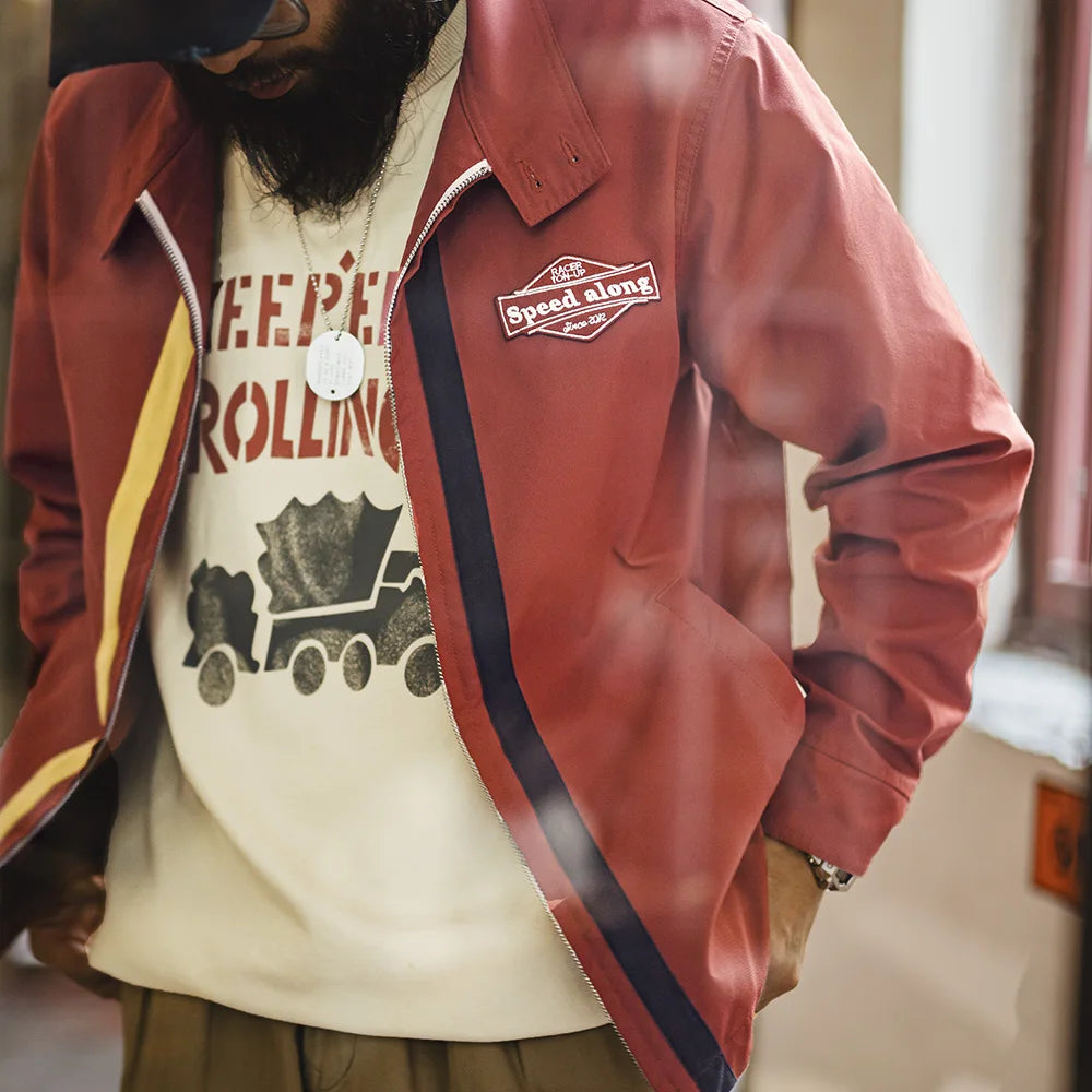 Herren Rennjacke Retro 60er Jahre Stehkragen Reißverschluss Sportlich Lässig