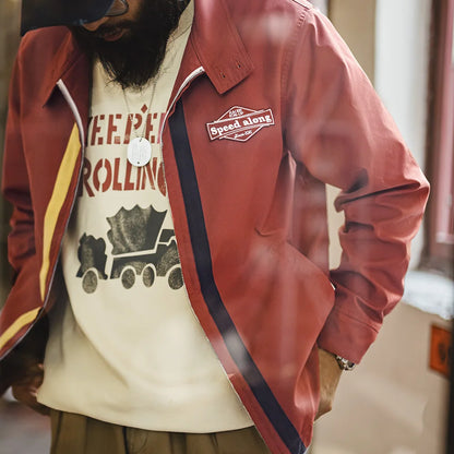 Herren Rennjacke Retro 60er Jahre Stehkragen Reißverschluss Sportlich Lässig
