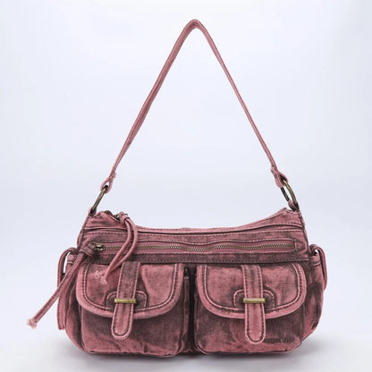 Damen-Handtasche Denim-Optik mit Top-Handle Reißverschluss und Innenfächer Alltagsbedarf