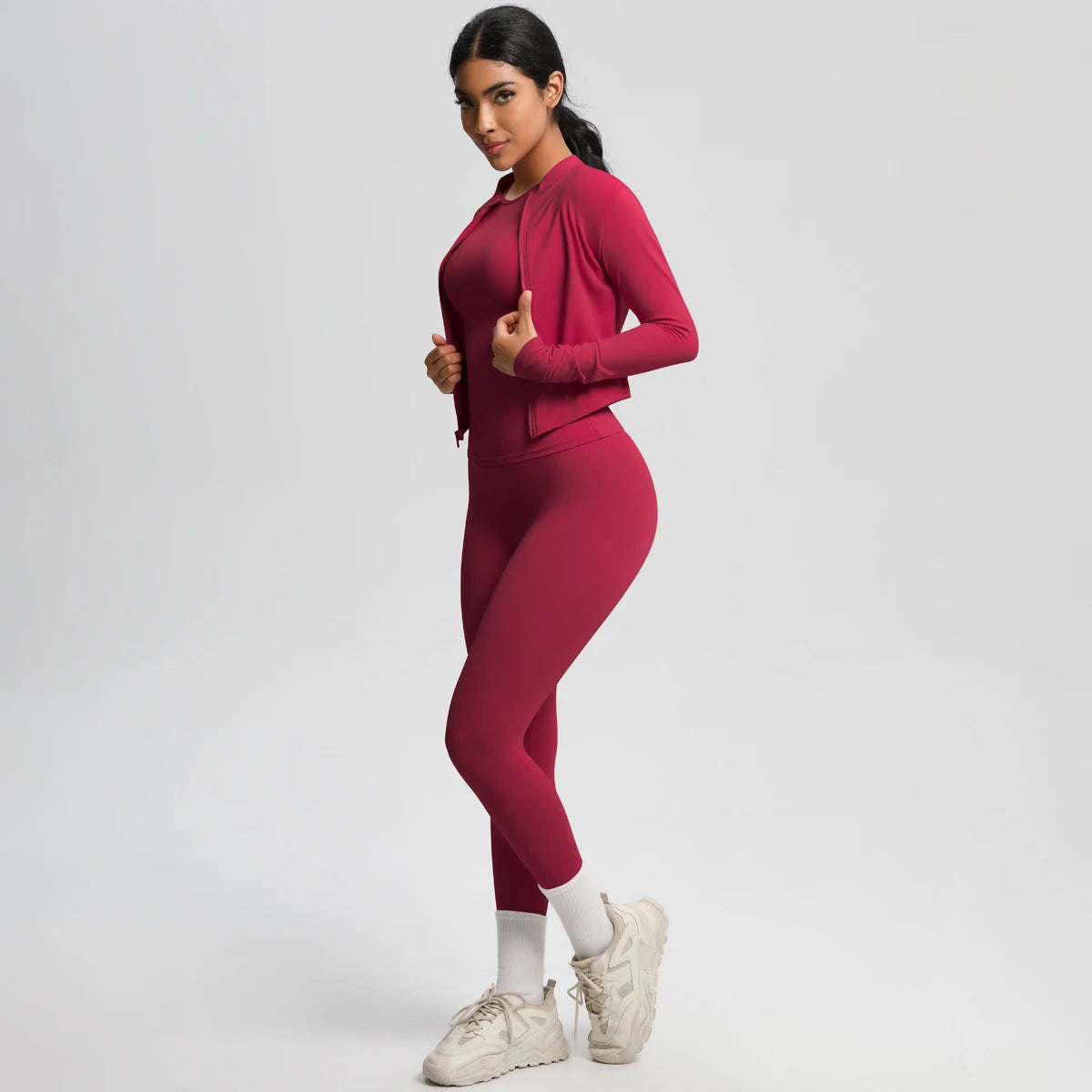 Damen Yoga-Set aus langarmem Top mit Reißverschluss und High-Waist Leggings, dunkelrot