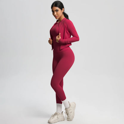 Damen Yoga-Set aus langarmem Top mit Reißverschluss und High-Waist Leggings, dunkelrot