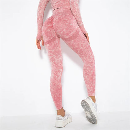 Nahtlose Yoga-Leggings mit hoher Taille, rosarot meliert, eng anliegende Passform