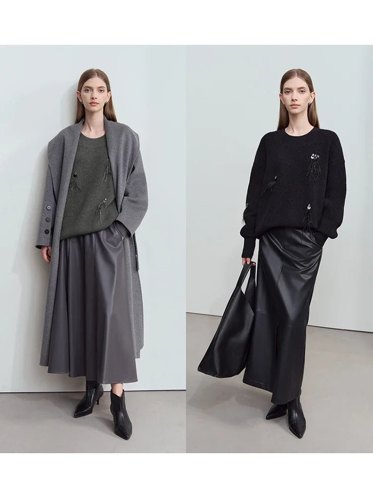 Damen-Rundhalspullover Perlen Strassapplikation locker Winter