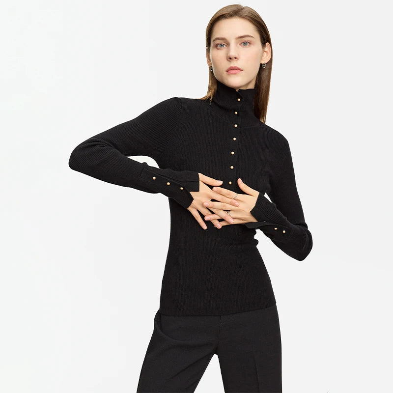 Damen-Strickjacke Rollkragen Knopfleiste Slim halboffene Front Herbst