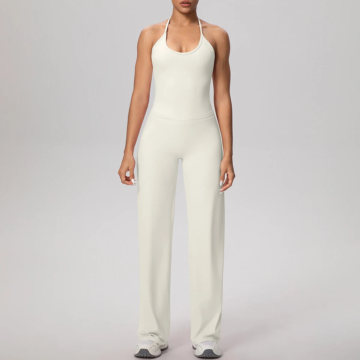 Yoga-Set für Damen: helles Sporttop in Ivory mit U-Ausschnitt & lange Hose