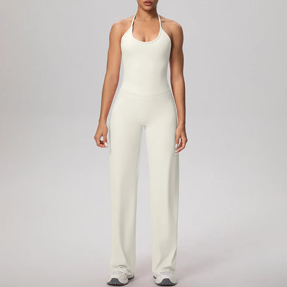 Yoga-Set für Damen: helles Sporttop in Ivory mit U-Ausschnitt & lange Hose